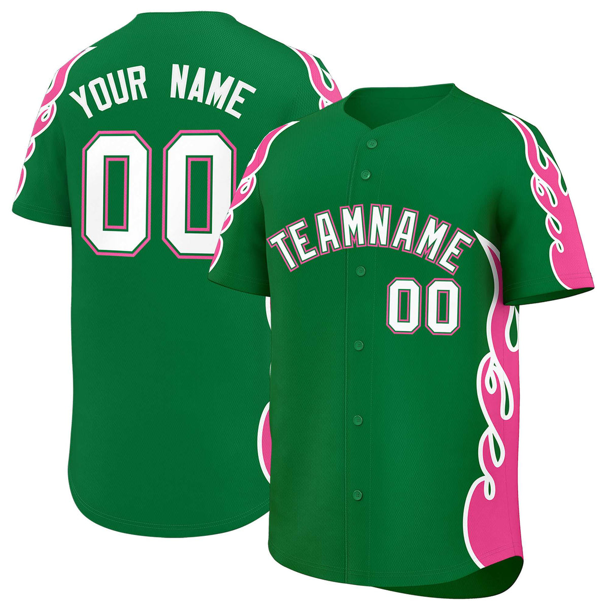 Custom Kelly Green Pink Side Flame Outline Pattern Sports Uniform Basetball Jersey