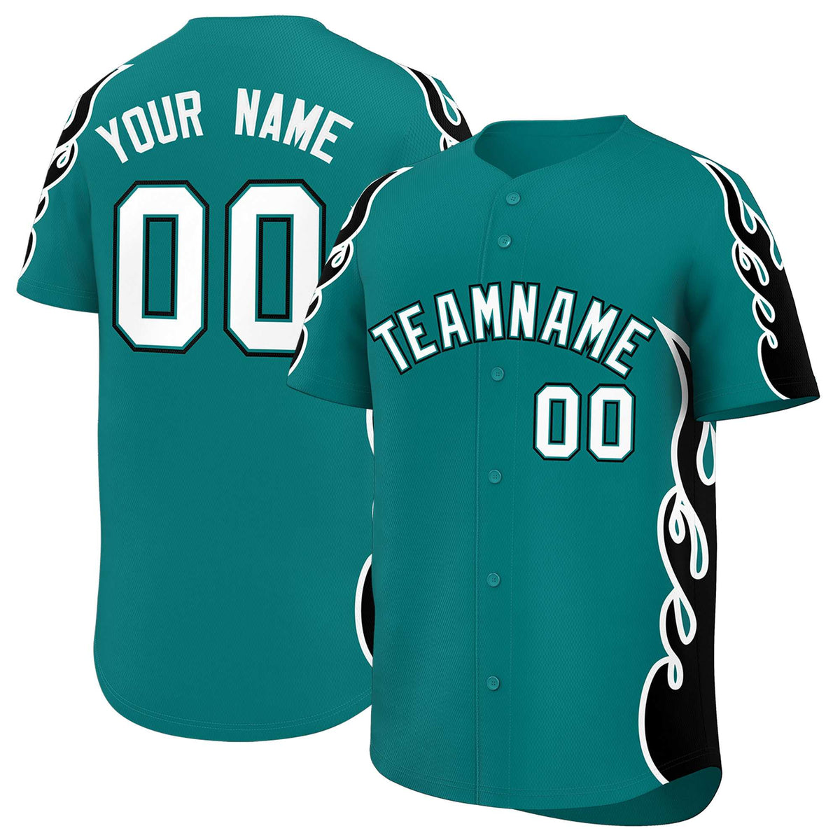 Custom Teal Black Side Flame Outline Pattern Sports Uniform Basetball Jersey