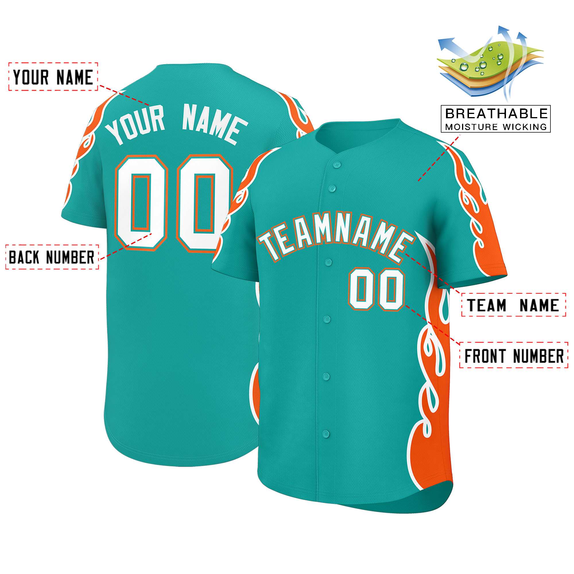 Custom Aqua Orange Side Flame Outline Pattern Sports Uniform Basetball Jersey