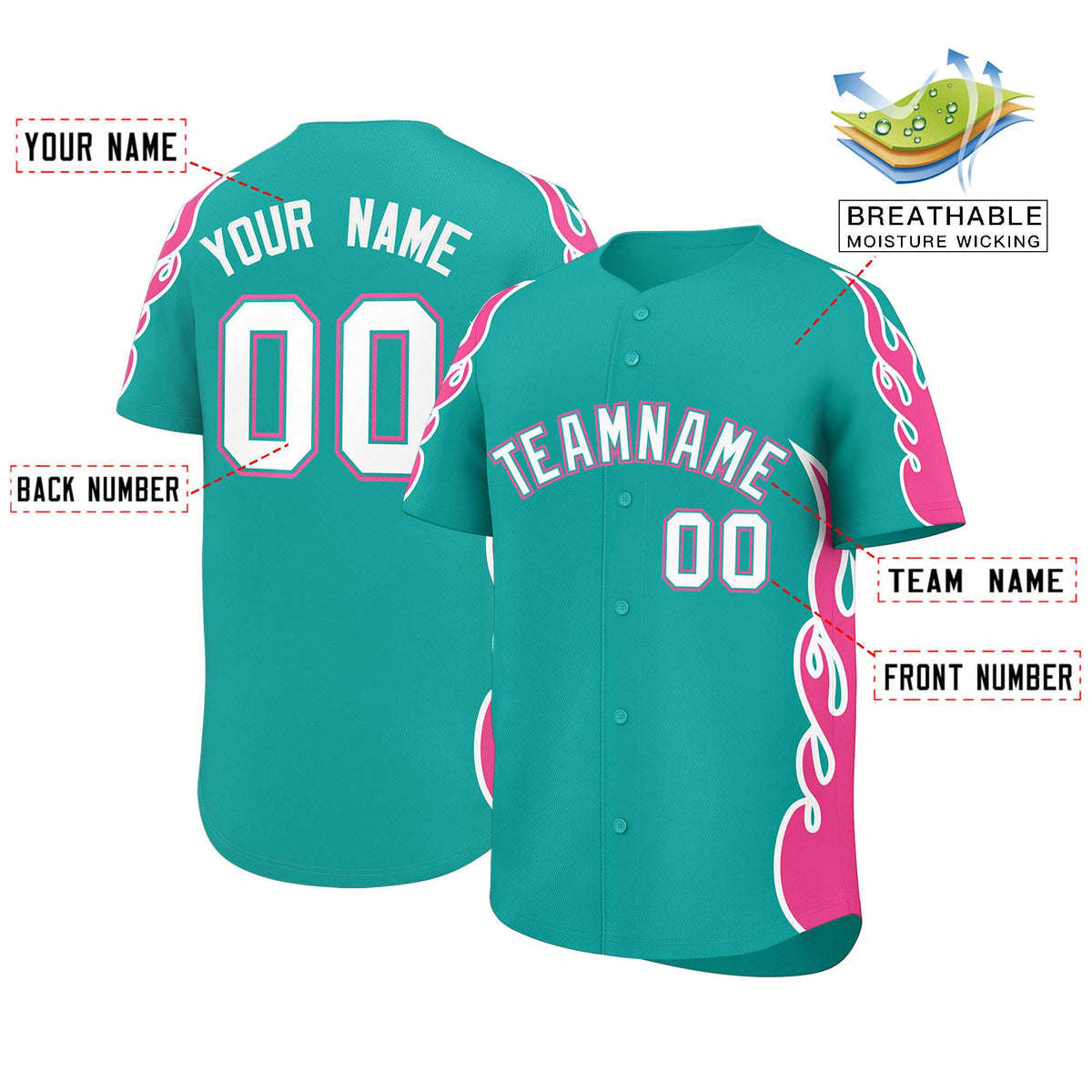 Custom Aqua Pink Side Flame Outline Pattern Sports Uniform Basetball Jersey