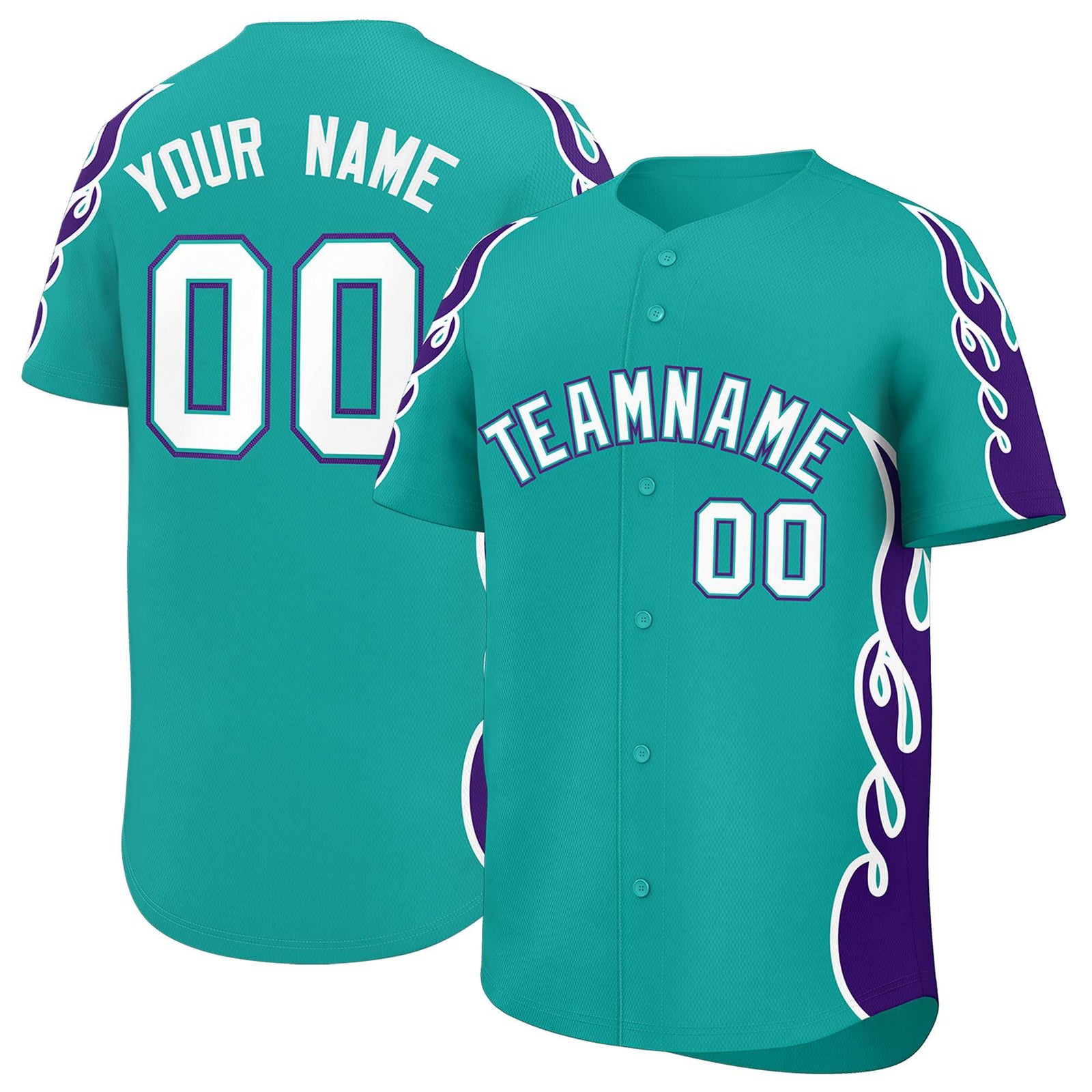 Custom Aqua Purple Side Flame Outline Pattern Sports Uniform Basetball Jersey