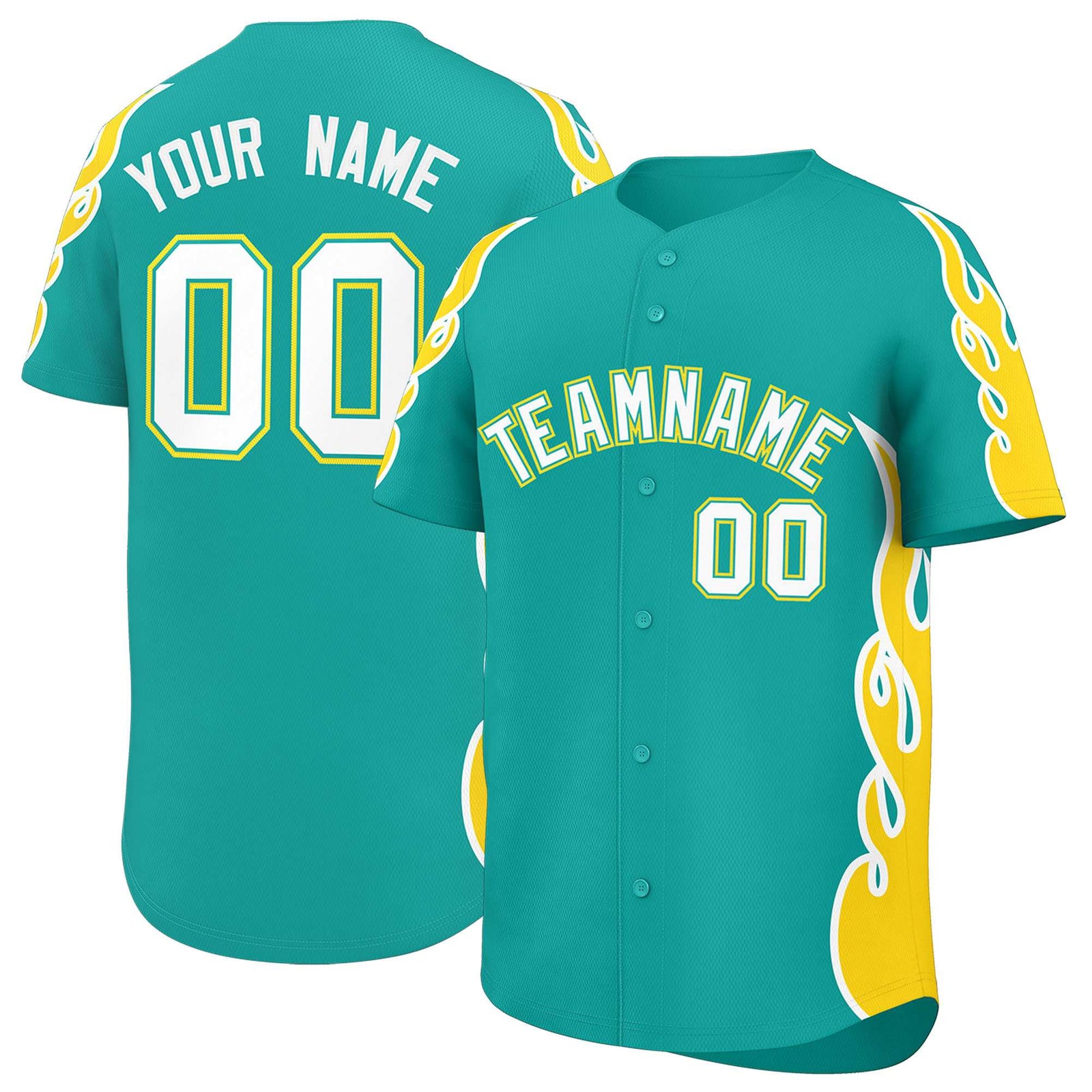 Custom Aqua Gold Side Flame Outline Pattern Sports Uniform Basetball Jersey