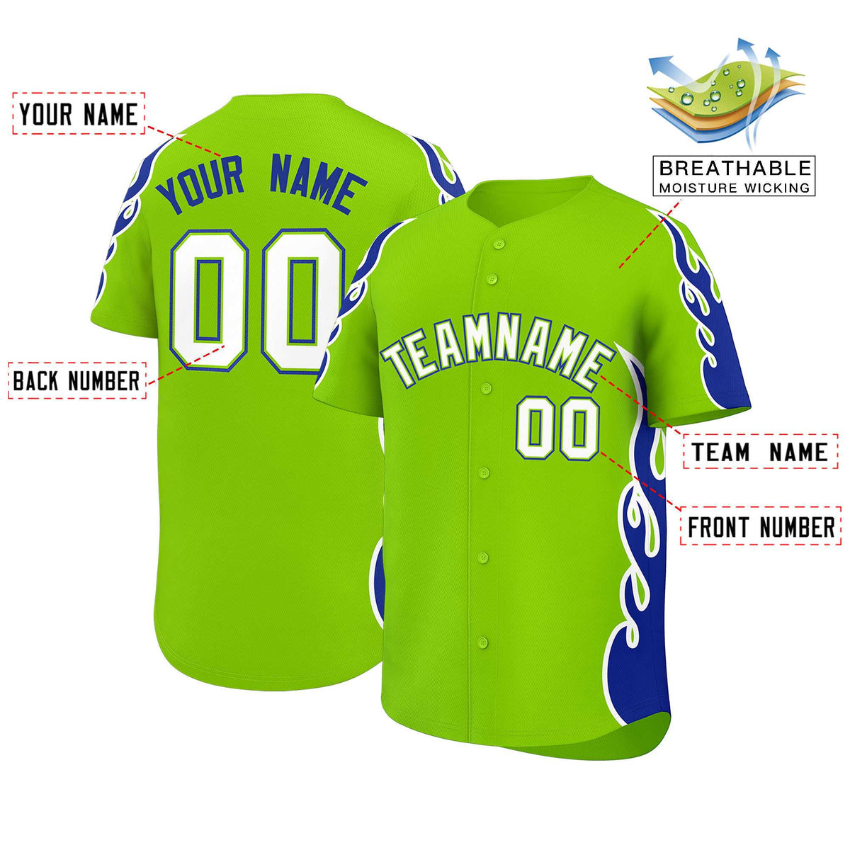 Custom Neon Green Royal Side Flame Outline Pattern Sports Uniform Basetball Jersey