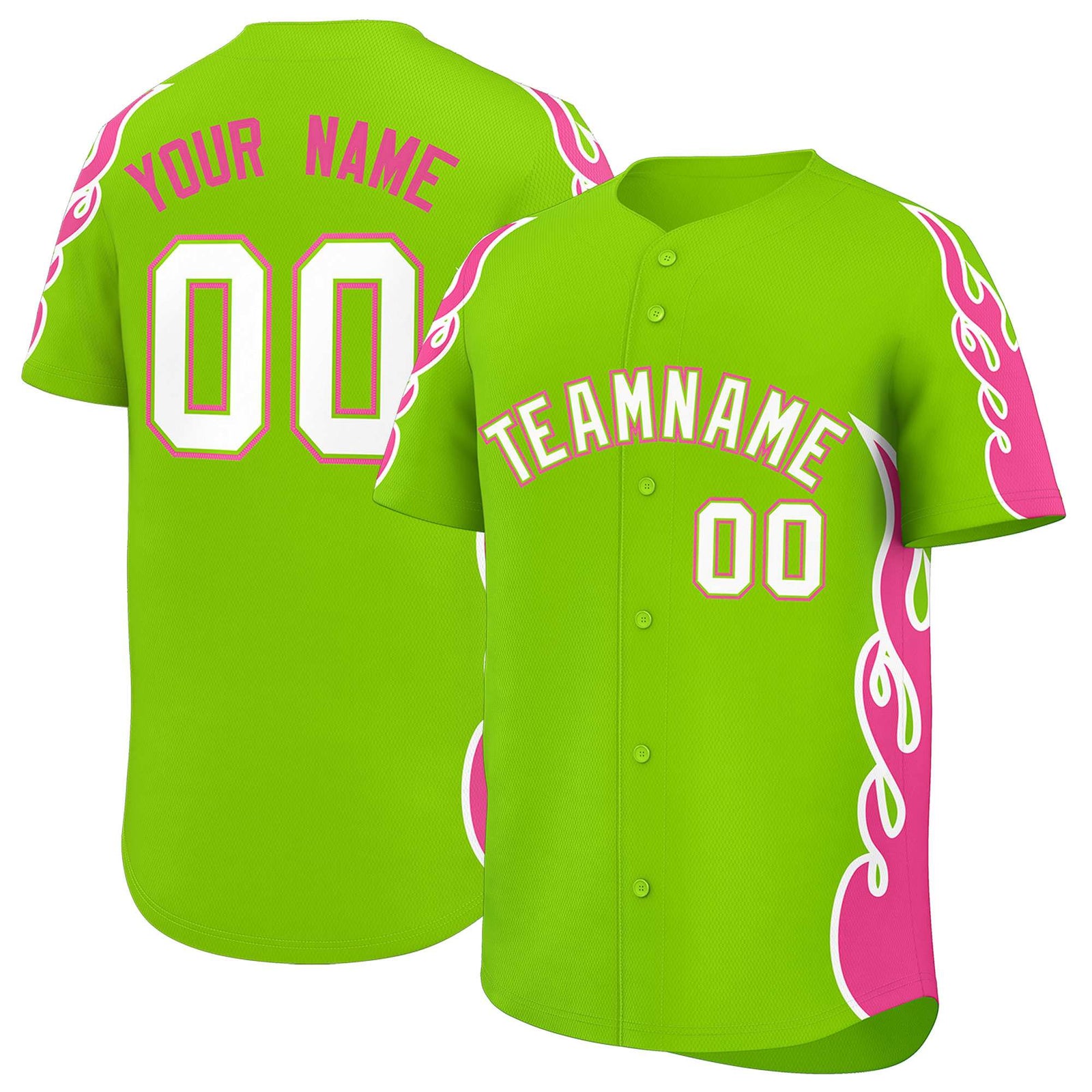 Custom Neon Green Pink Side Flame Outline Pattern Sports Uniform Basetball Jersey