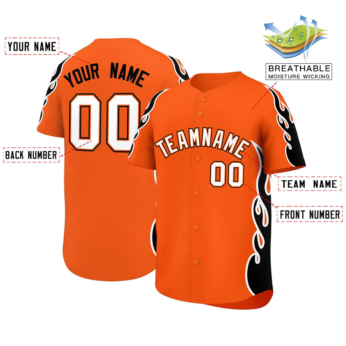 Custom Orange Black Side Flame Outline Pattern Sports Uniform Basetball Jersey