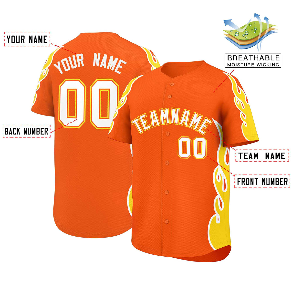 Custom Orange Gold Side Flame Outline Pattern Sports Uniform Basetball Jersey