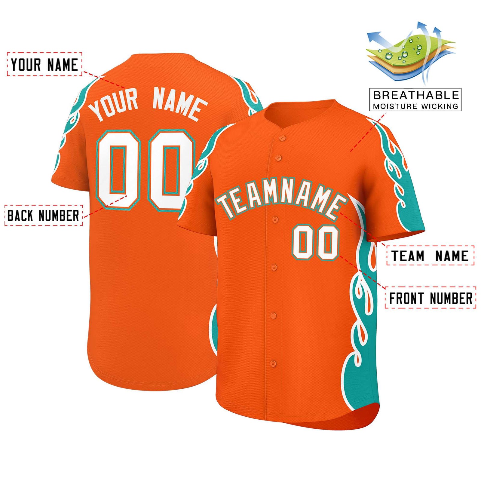 Custom Orange Aqua Side Flame Outline Pattern Sports Uniform Basetball Jersey