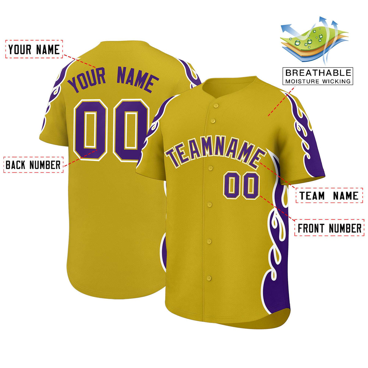 Custom Old Gold Purple Side Flame Outline Pattern Sports Uniform Basetball Jersey