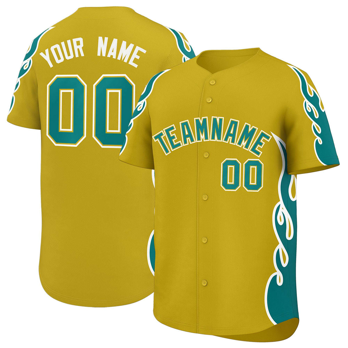 Custom Old Gold Teal Side Flame Outline Pattern Sports Uniform Basetball Jersey