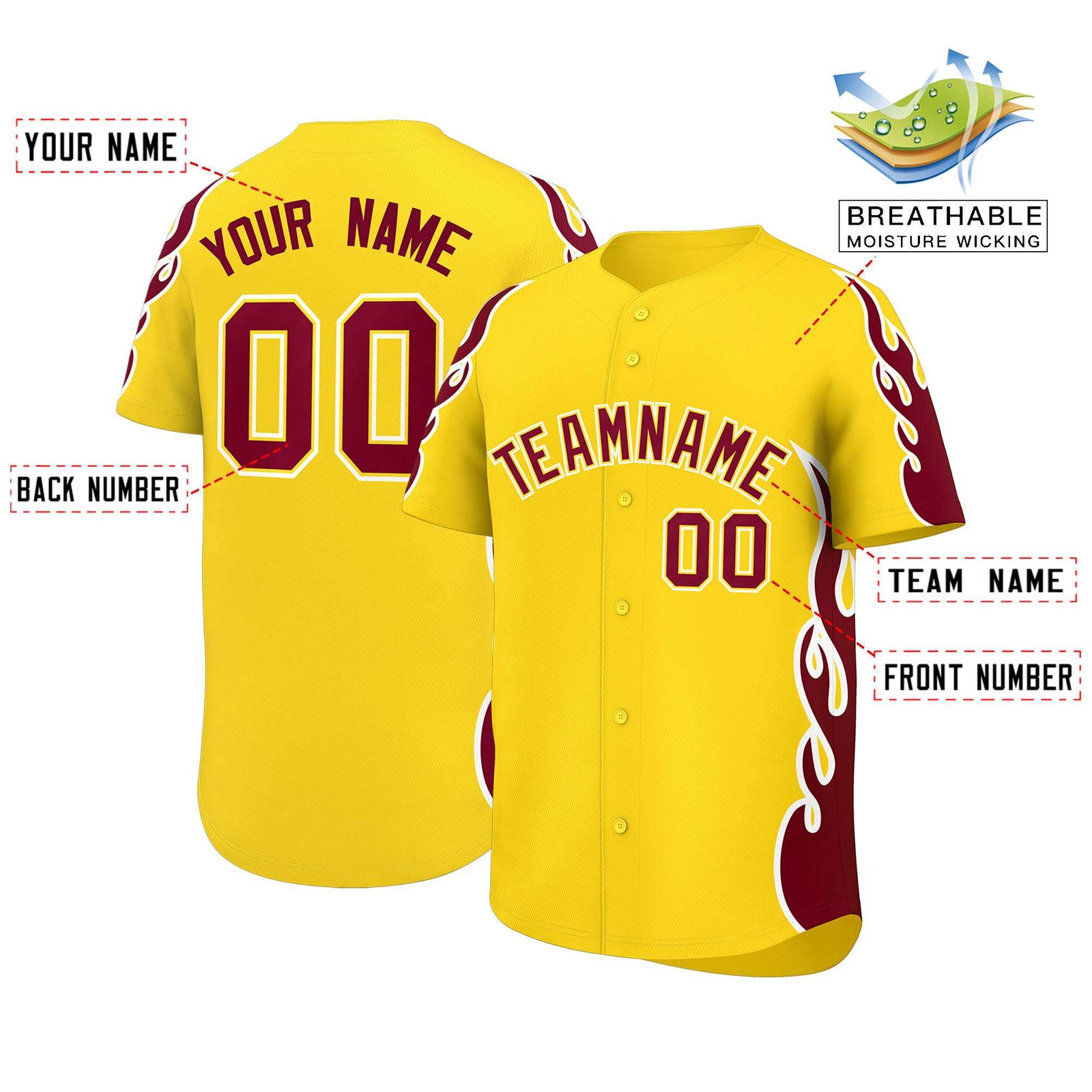 Custom Gold Crimson Side Flame Outline Pattern Sports Uniform Basetball Jersey