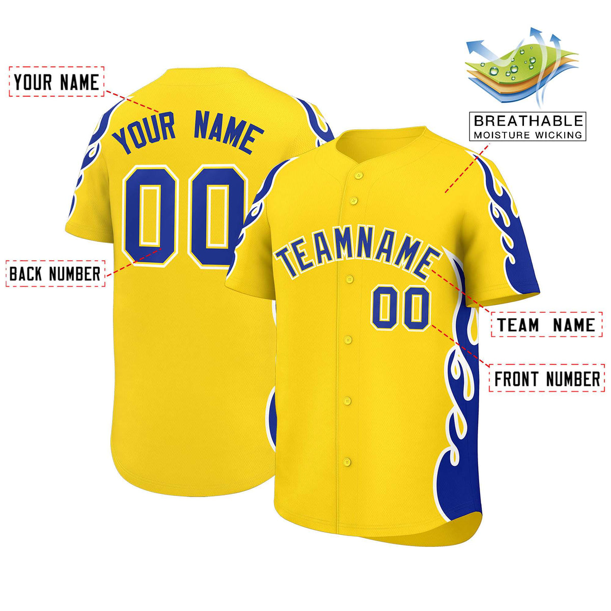 Custom Gold Royal Side Flame Outline Pattern Sports Uniform Basetball Jersey