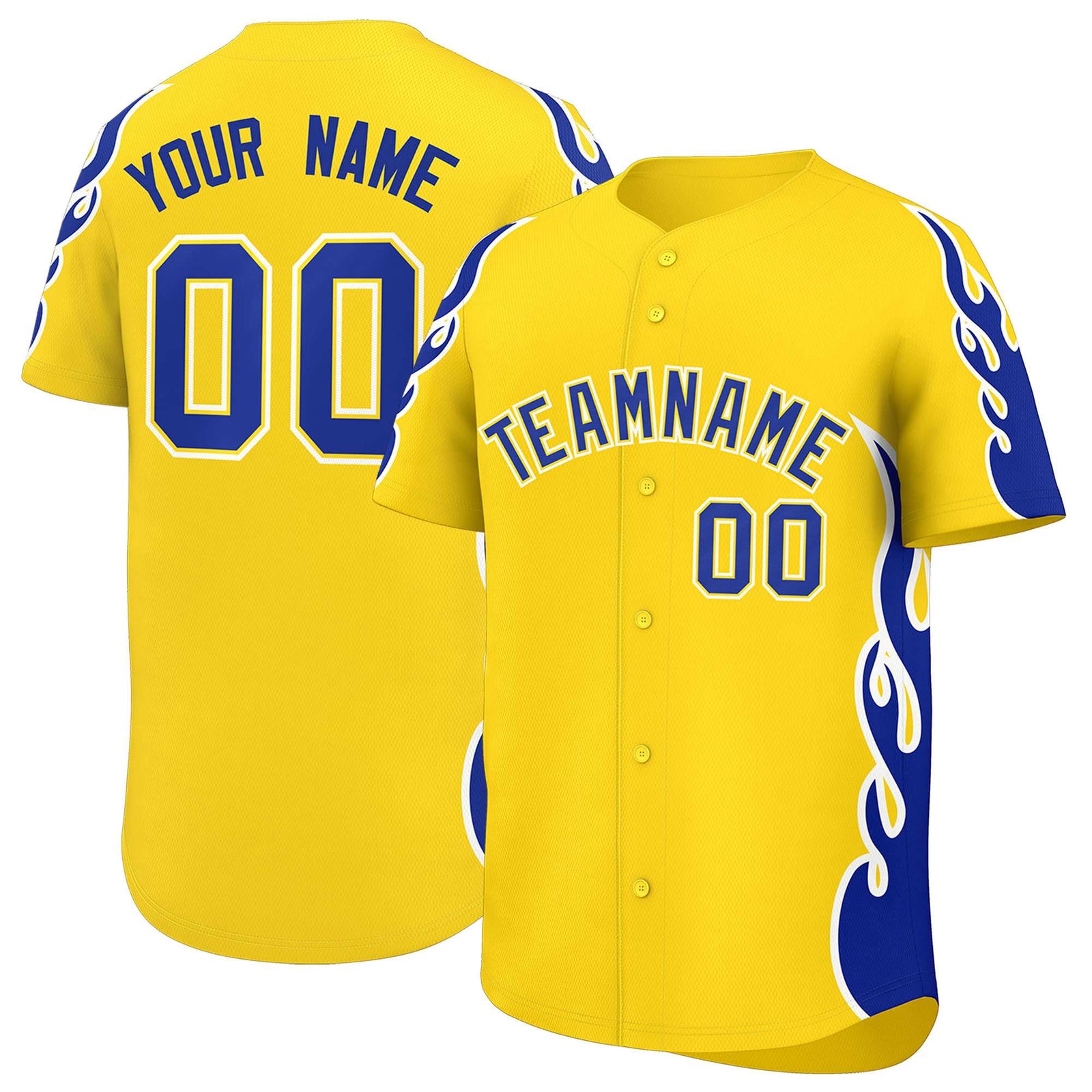Custom Gold Royal Side Flame Outline Pattern Sports Uniform Basetball Jersey