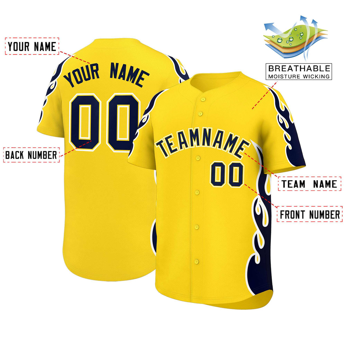 Custom Gold Navy Side Flame Outline Pattern Sports Uniform Basetball Jersey