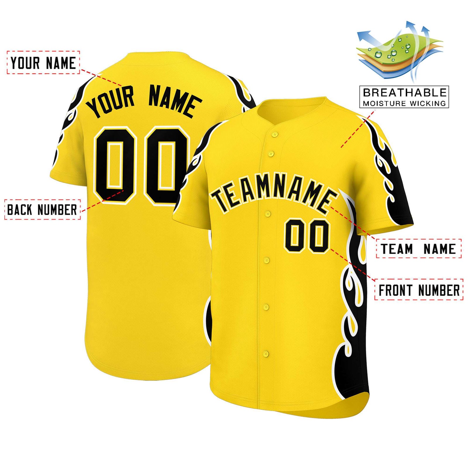 Custom Gold Black Side Flame Outline Pattern Sports Uniform Basetball Jersey