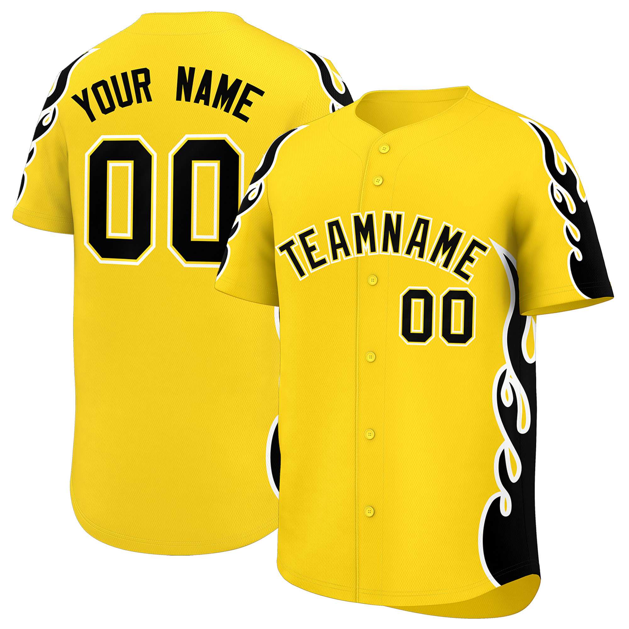 Custom Gold Black Side Flame Outline Pattern Sports Uniform Basetball Jersey