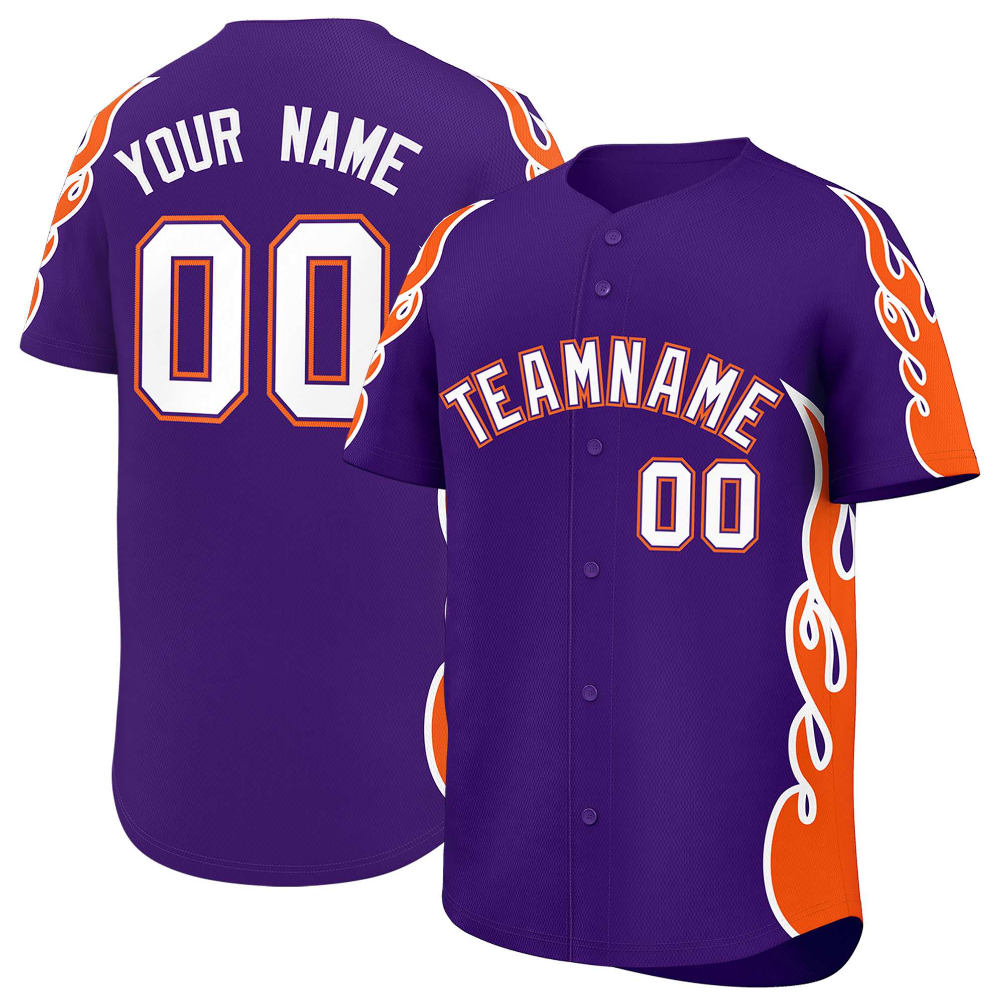 Custom Purple Orange Side Flame Outline Pattern Sports Uniform Basetball Jersey