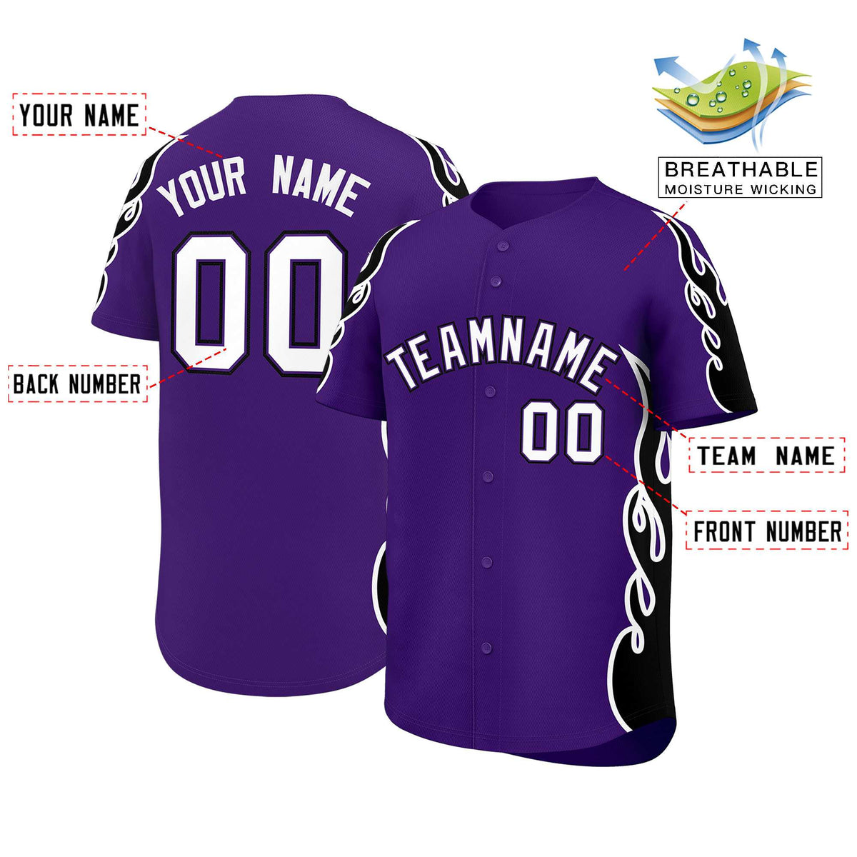 Custom Purple Black Side Flame Outline Pattern Sports Uniform Basetball Jersey