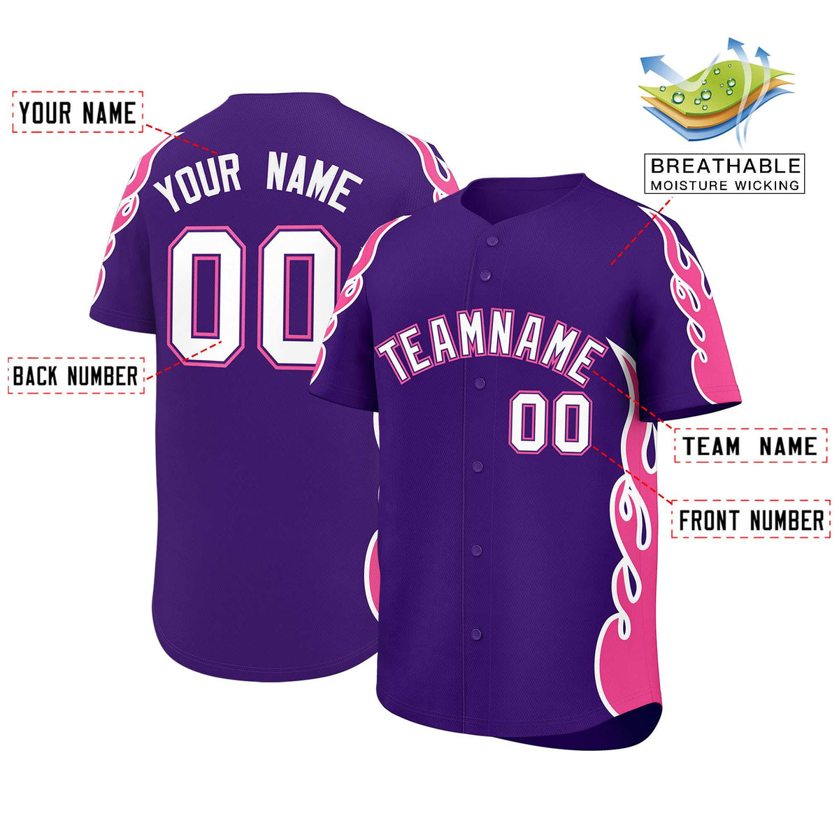 Custom Purple Pink Side Flame Outline Pattern Sports Uniform Basetball Jersey