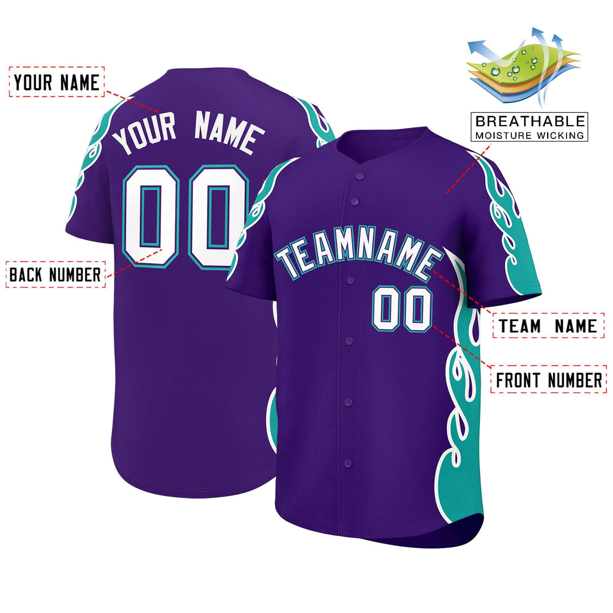 Custom Purple Aqua Side Flame Outline Pattern Sports Uniform Basetball Jersey