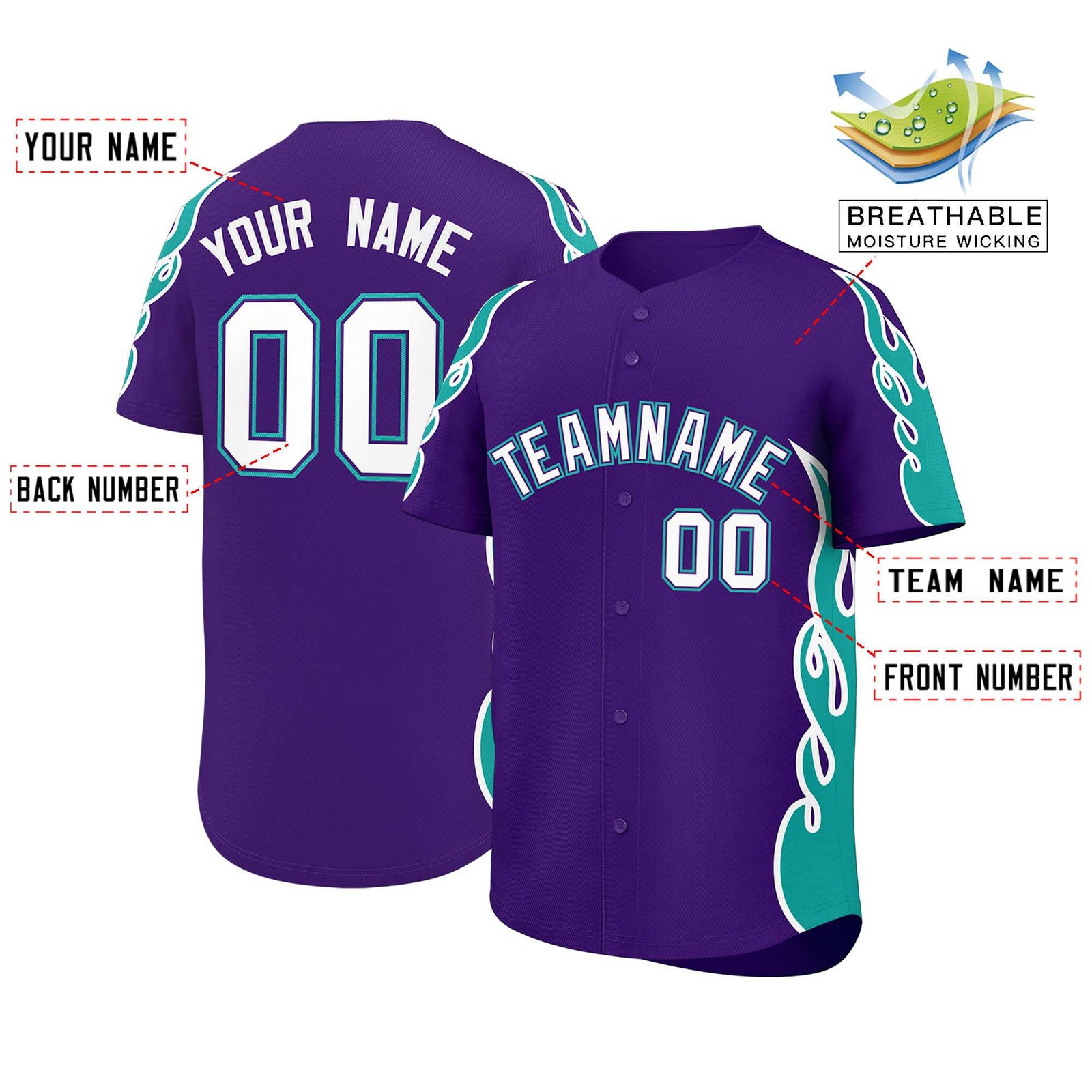 Custom Purple Aqua Side Flame Outline Pattern Sports Uniform Basetball Jersey