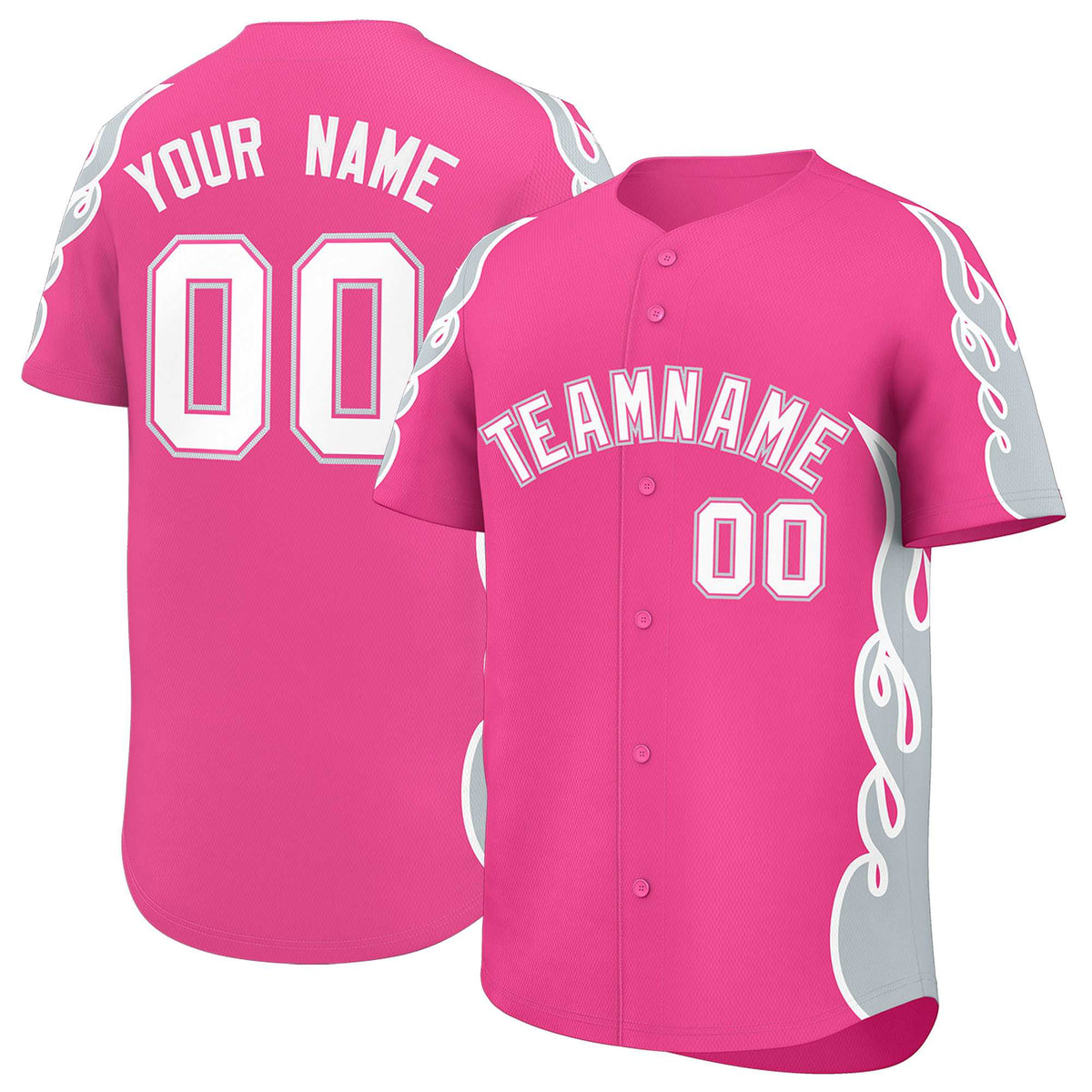 Custom Pink Silver Side Flame Outline Pattern Sports Uniform Basetball Jersey
