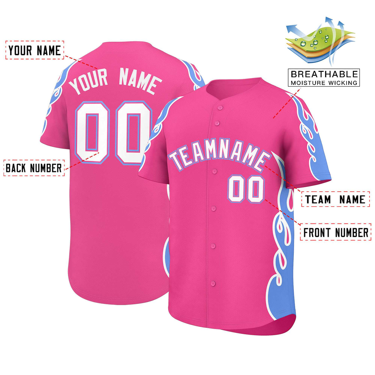 Custom Pink Light Blue Side Flame Outline Pattern Sports Uniform Basetball Jersey