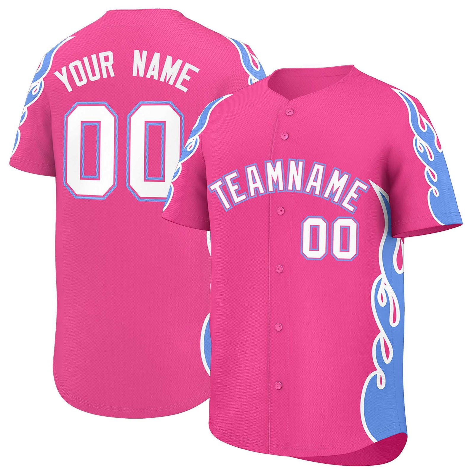 Custom Pink Light Blue Side Flame Outline Pattern Sports Uniform Basetball Jersey