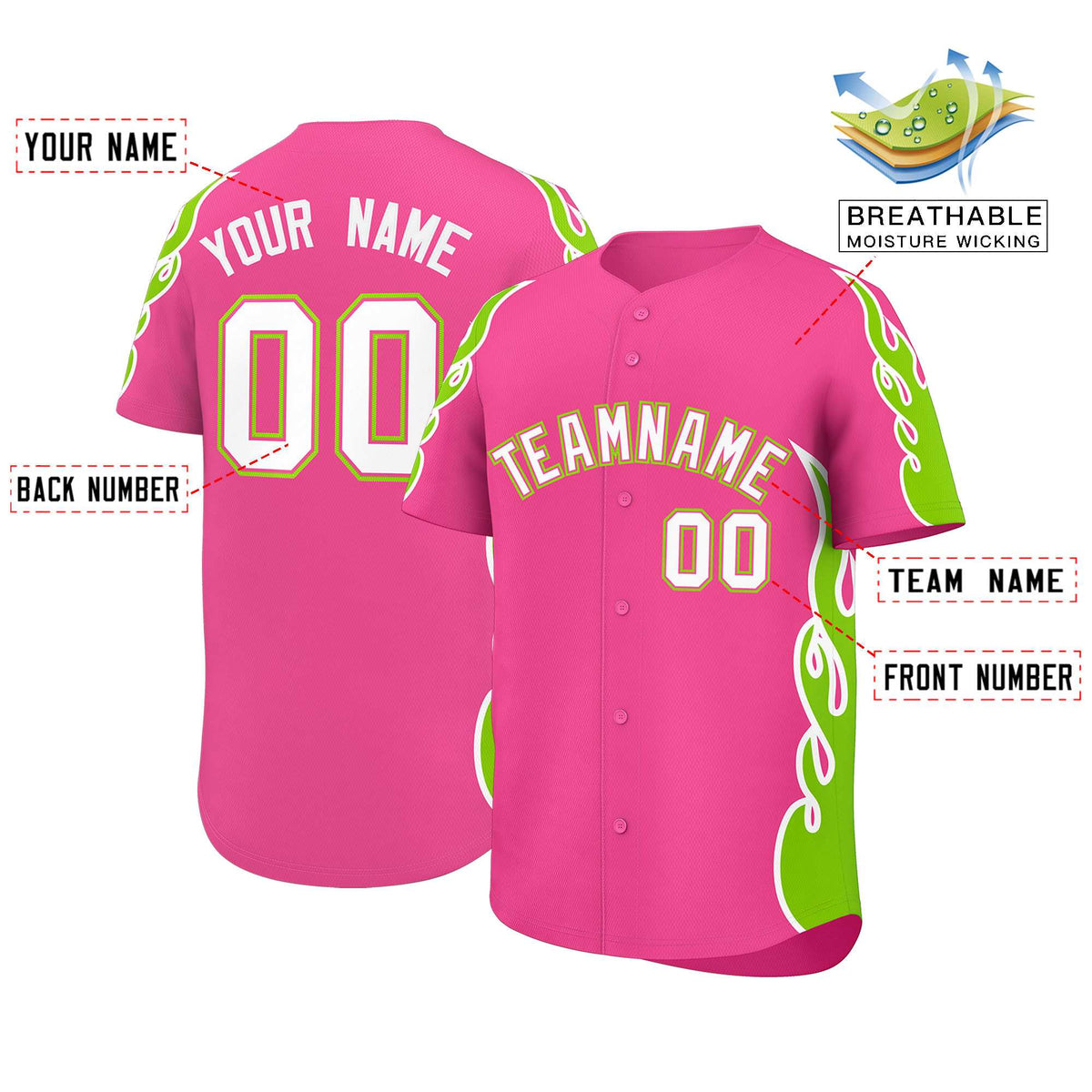 Custom Pink Neon Green Side Flame Outline Pattern Sports Uniform Basetball Jersey