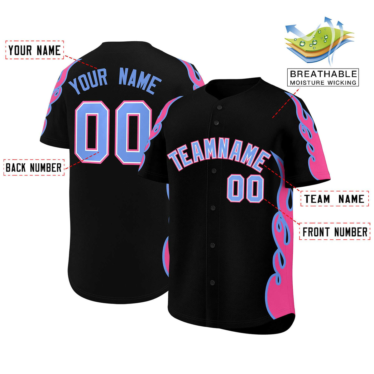 Custom Black Pink Side Flame Outline Pattern Sports Uniform Basetball Jersey