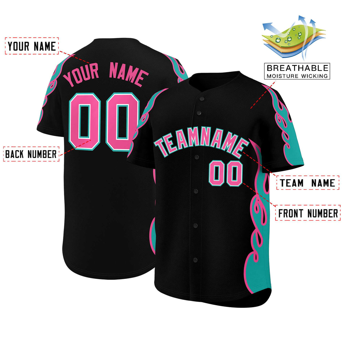 Custom Black Aqua Side Flame Outline Pattern Sports Uniform Basetball Jersey