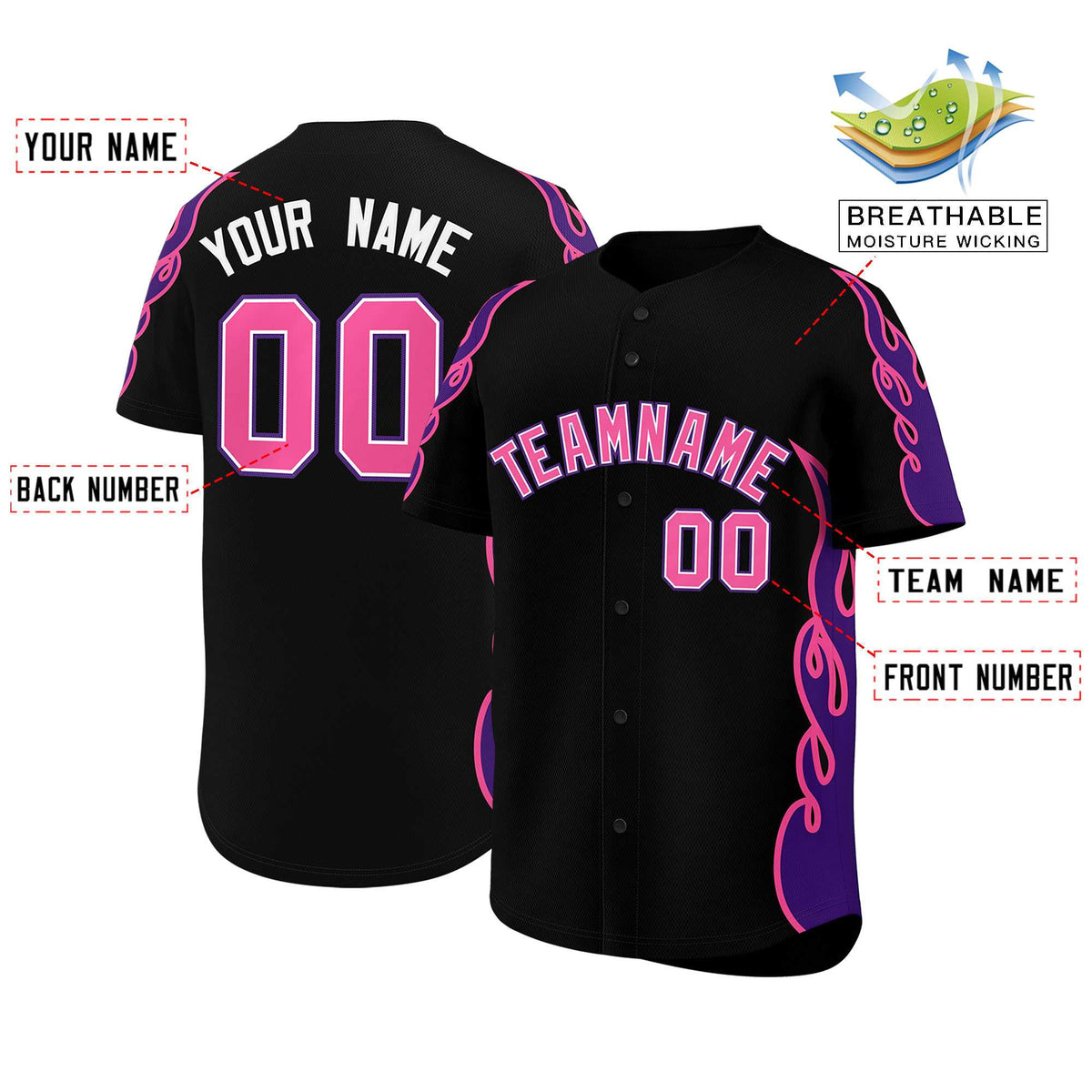 Custom Black Purple Side Flame Outline Pattern Sports Uniform Basetball Jersey