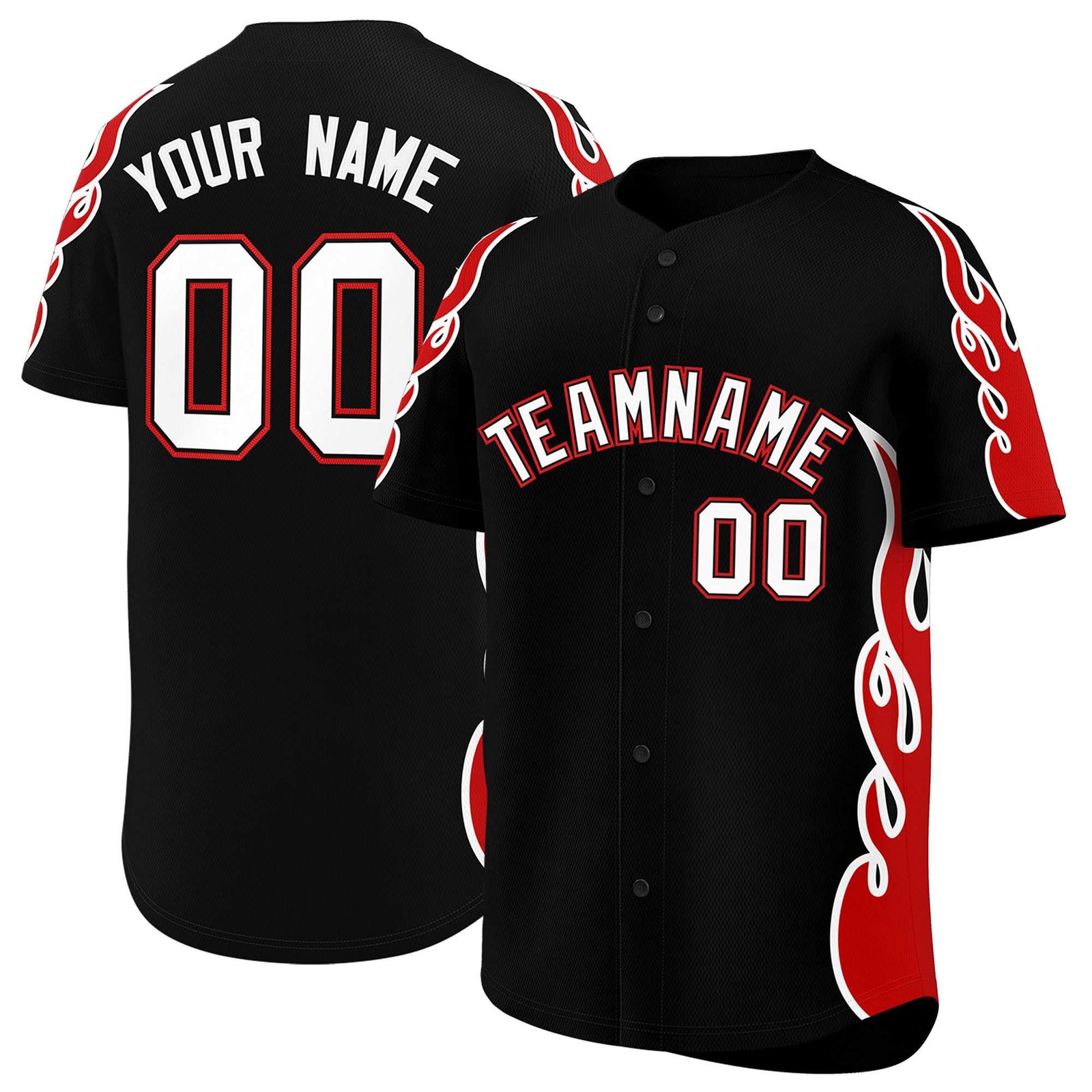 Custom Black Red Side Flame Outline Pattern Sports Uniform Basetball Jersey