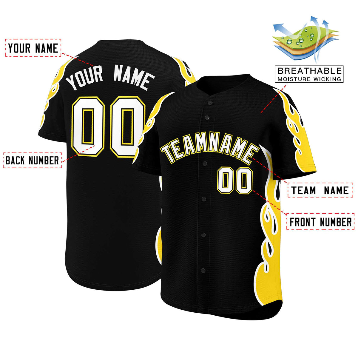 Custom Black Gold Side Flame Outline Pattern Sports Uniform Basetball Jersey