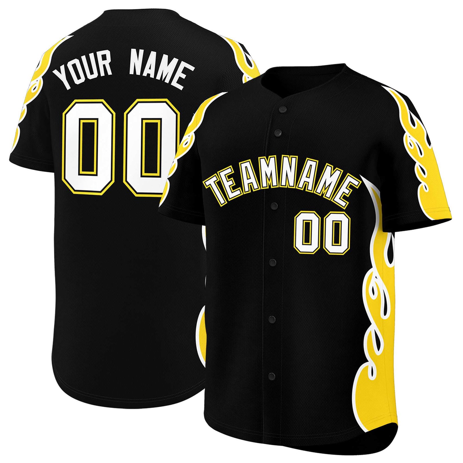 Custom Black Gold Side Flame Outline Pattern Sports Uniform Basetball Jersey