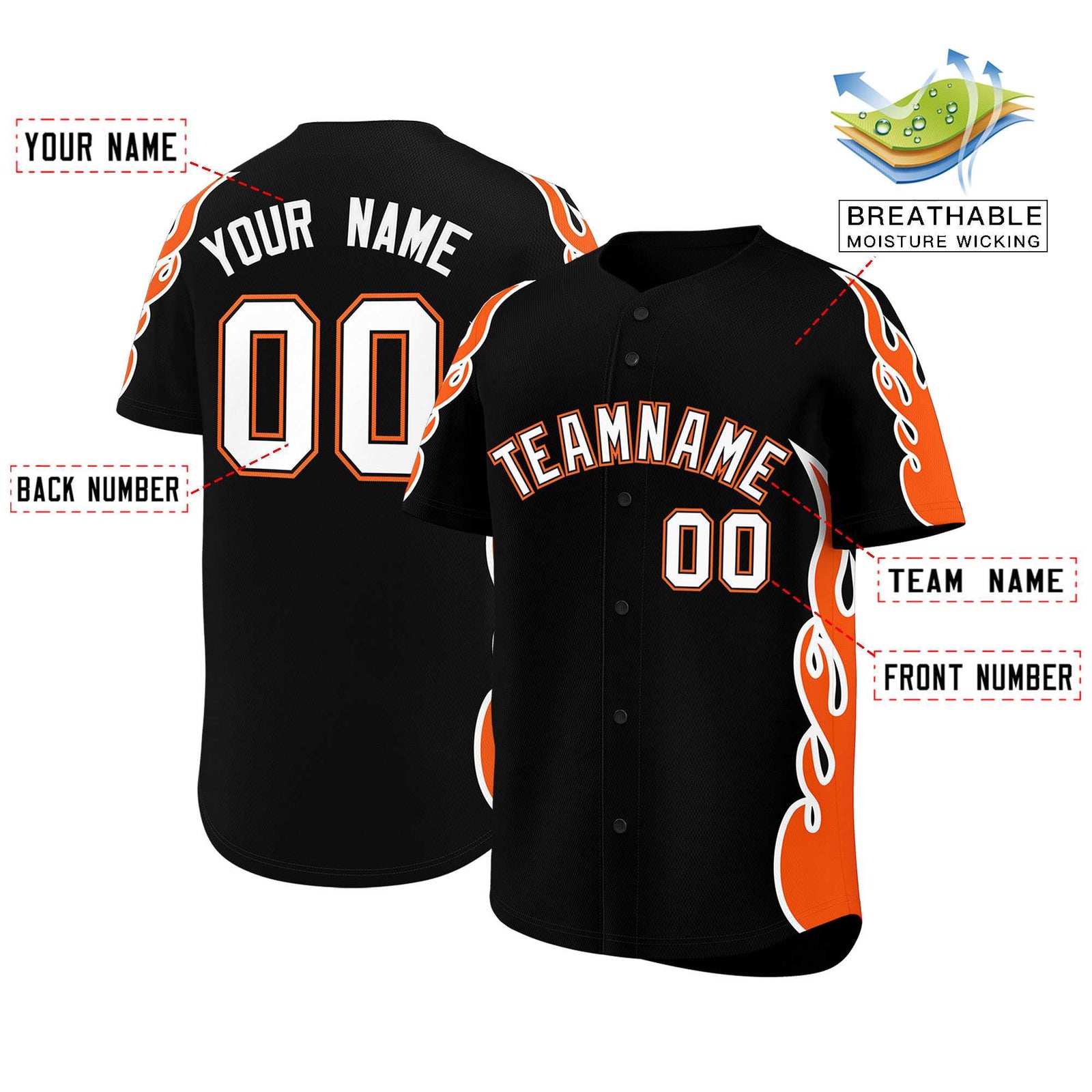 Custom Black Orange Side Flame Outline Pattern Sports Uniform Basetball Jersey