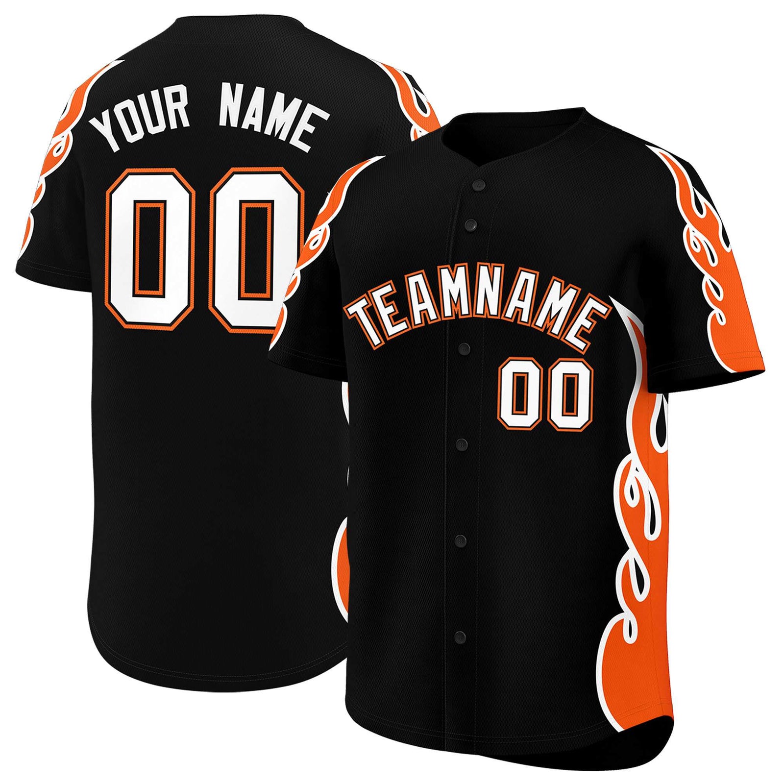 Custom Black Orange Side Flame Outline Pattern Sports Uniform Basetball Jersey