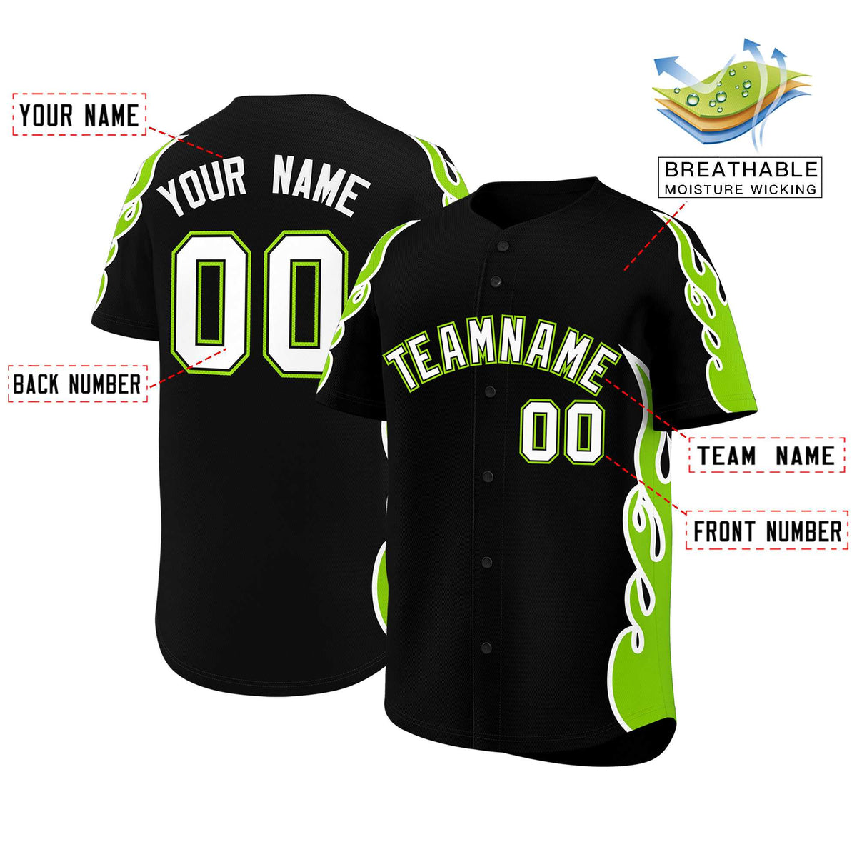Custom Black Neon Green Side Flame Outline Pattern Sports Uniform Basetball Jersey