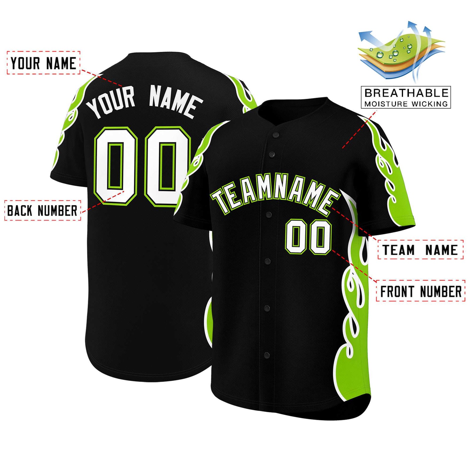 Custom Black Neon Green Side Flame Outline Pattern Sports Uniform Basetball Jersey