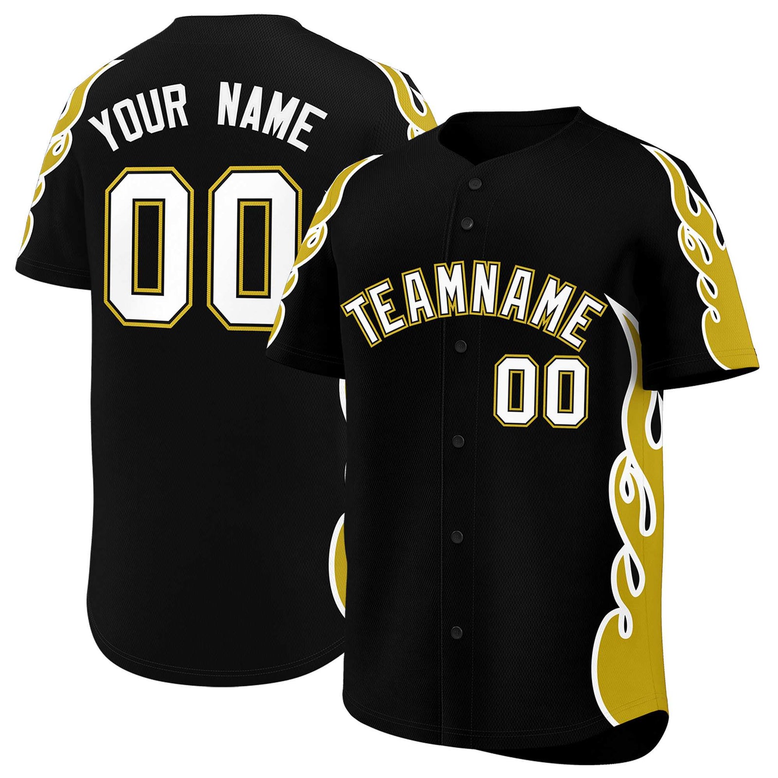 Custom Black Old Gold Side Flame Outline Pattern Sports Uniform Basetball Jersey