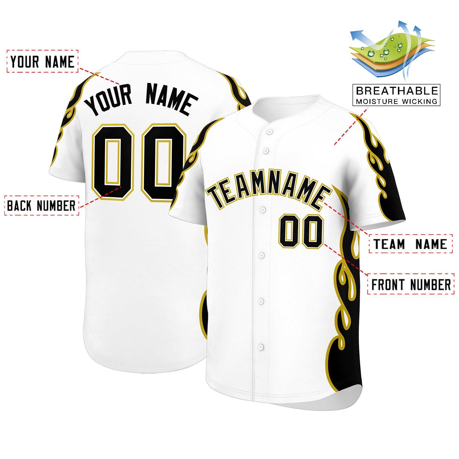 Custom White Old Gold Side Flame Outline Pattern Sports Uniform Basetball Jersey