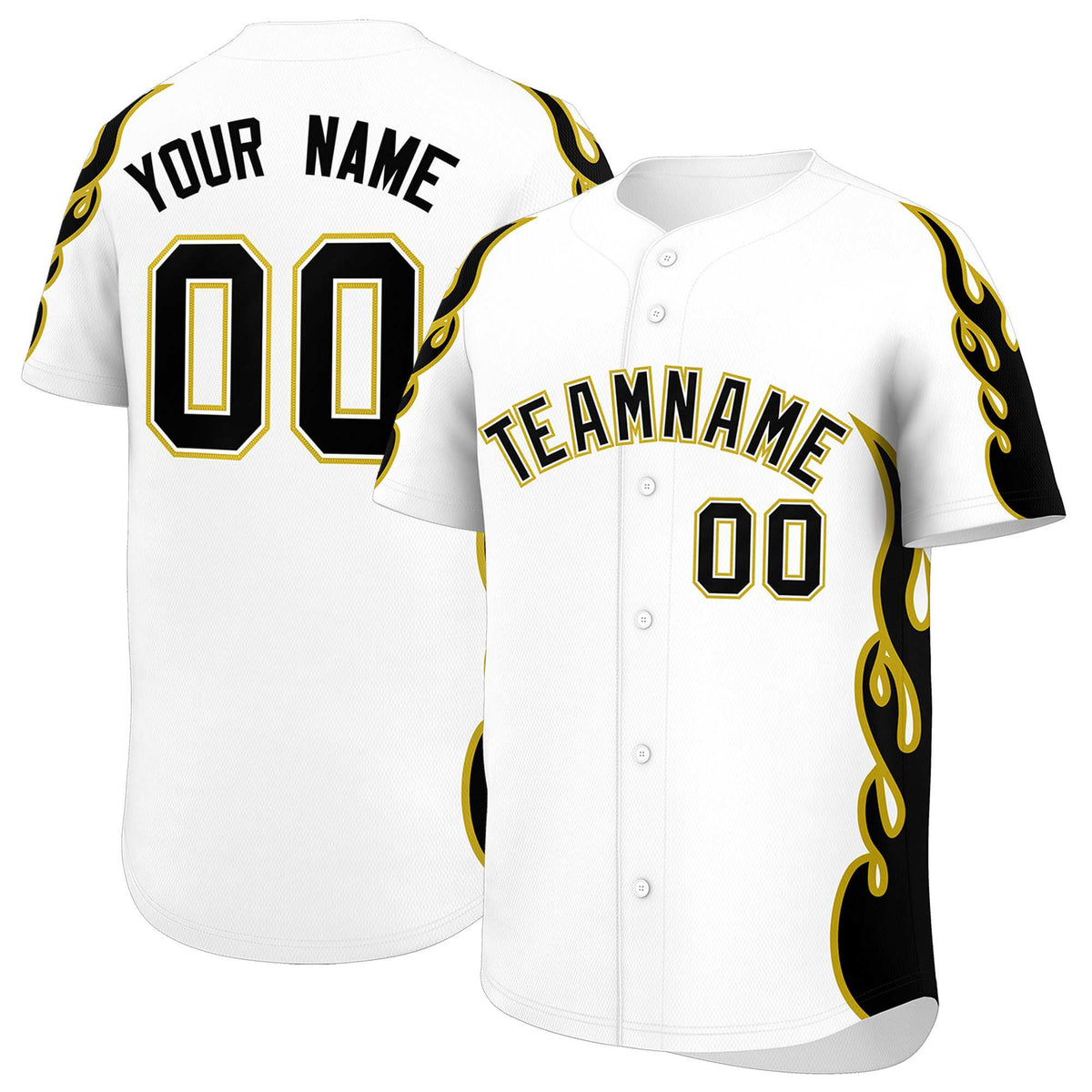 Custom White Old Gold Side Flame Outline Pattern Sports Uniform Basetball Jersey