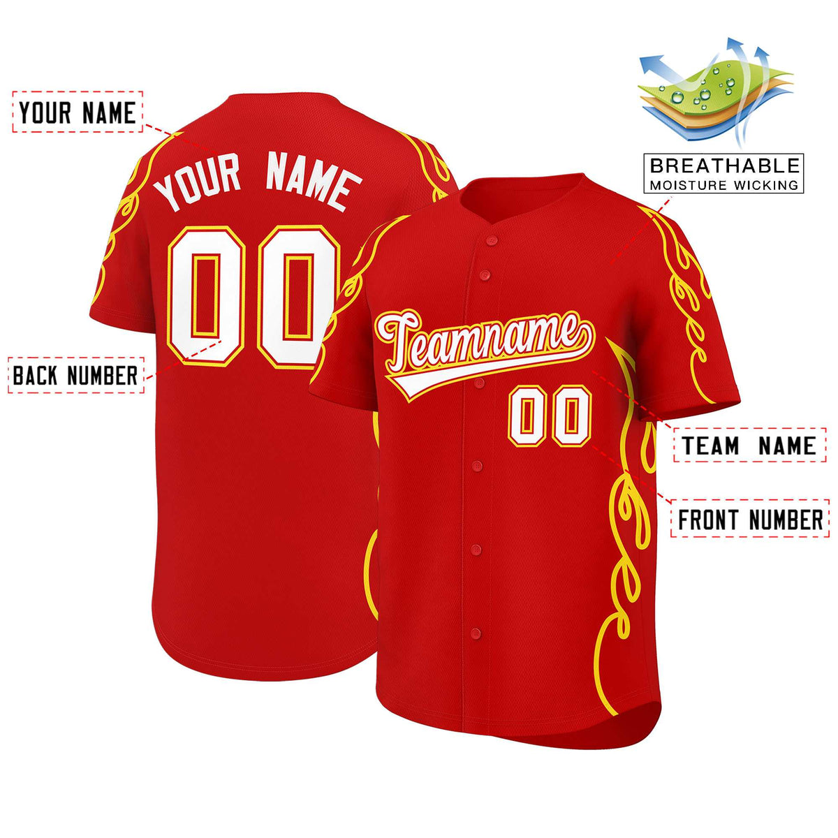 Custom Red Gold Side Flame Outline Pattern Sports Uniform Basetball Jersey