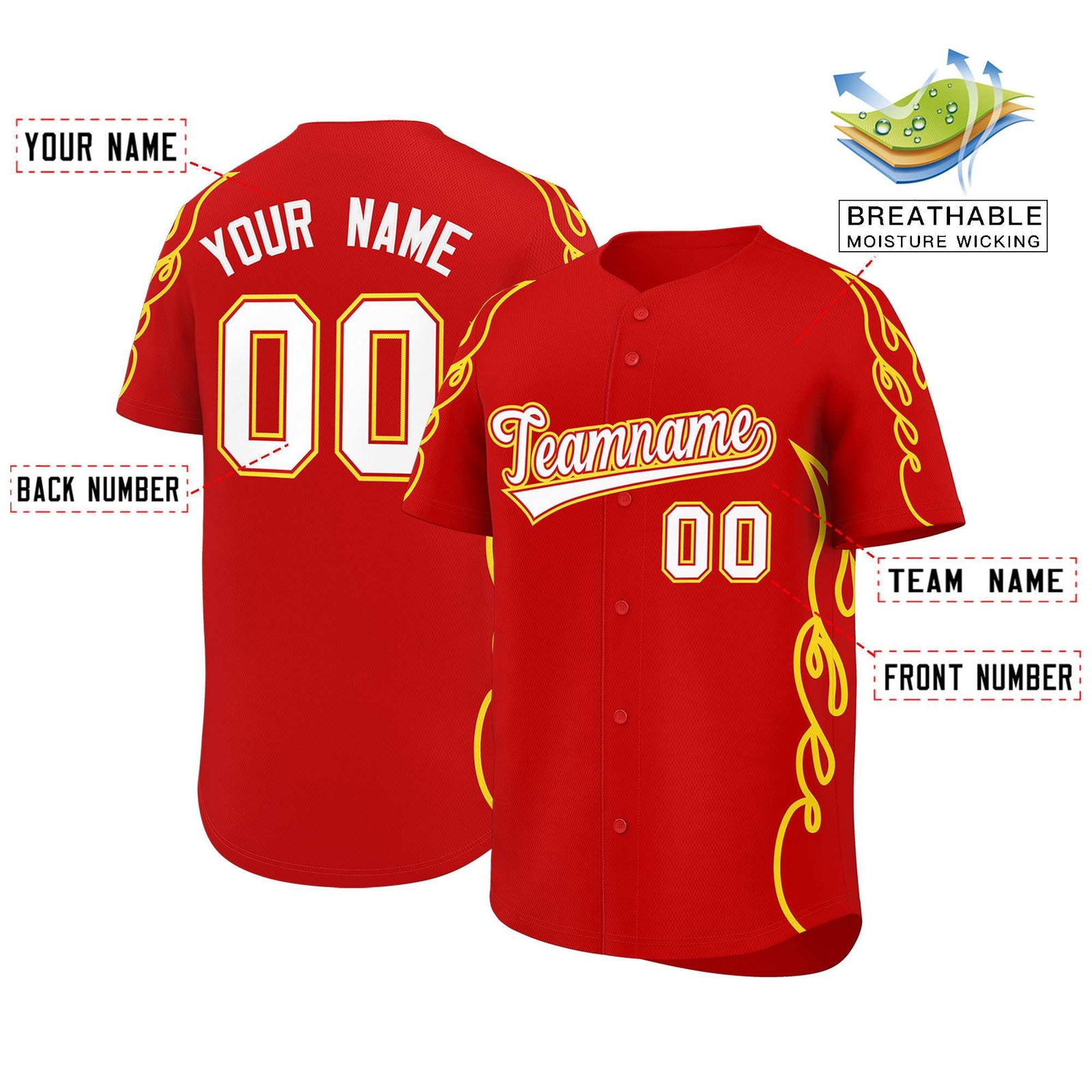 Custom Red Gold Side Flame Outline Pattern Sports Uniform Basetball Jersey