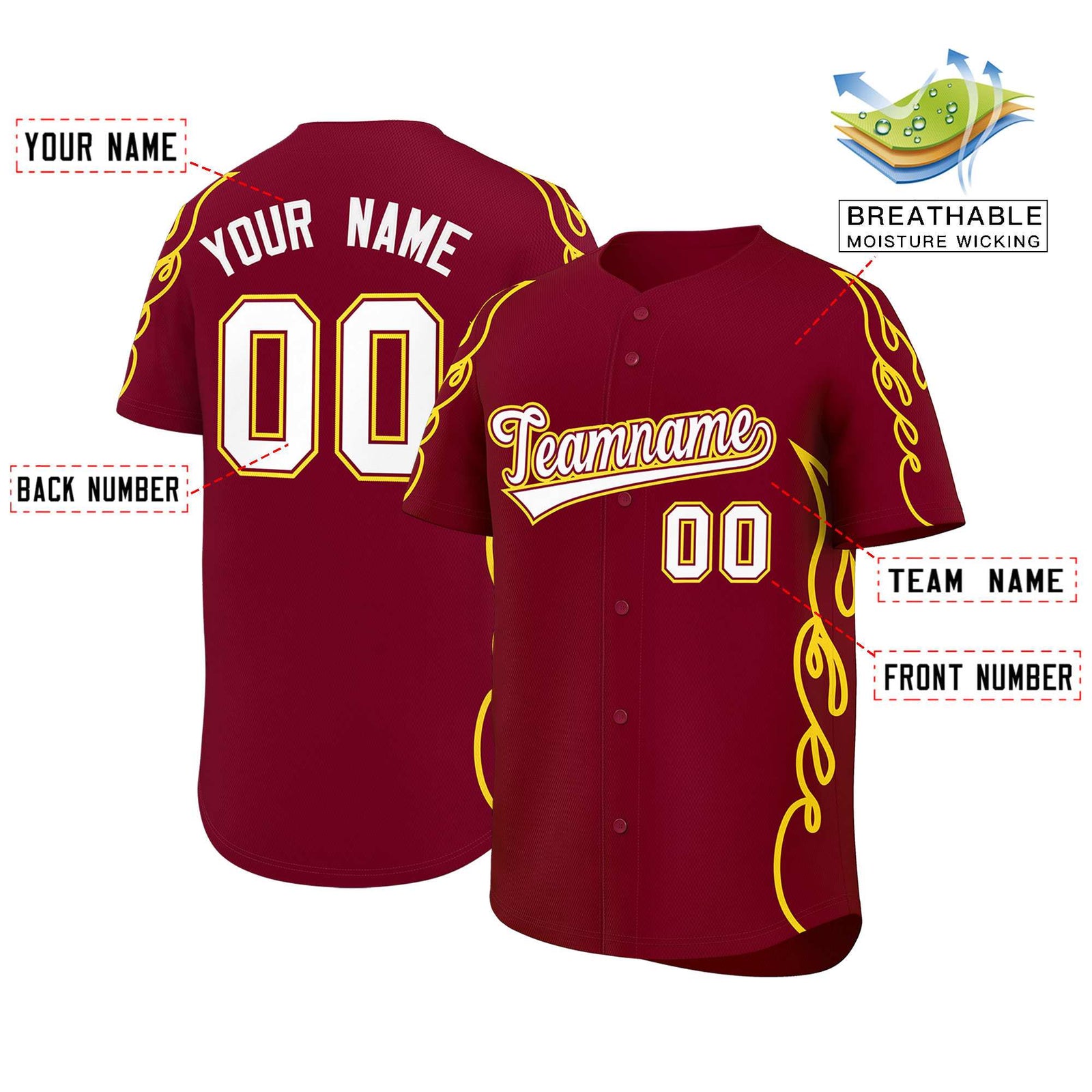 Custom Crimson Gold Side Flame Outline Pattern Sports Uniform Basetball Jersey