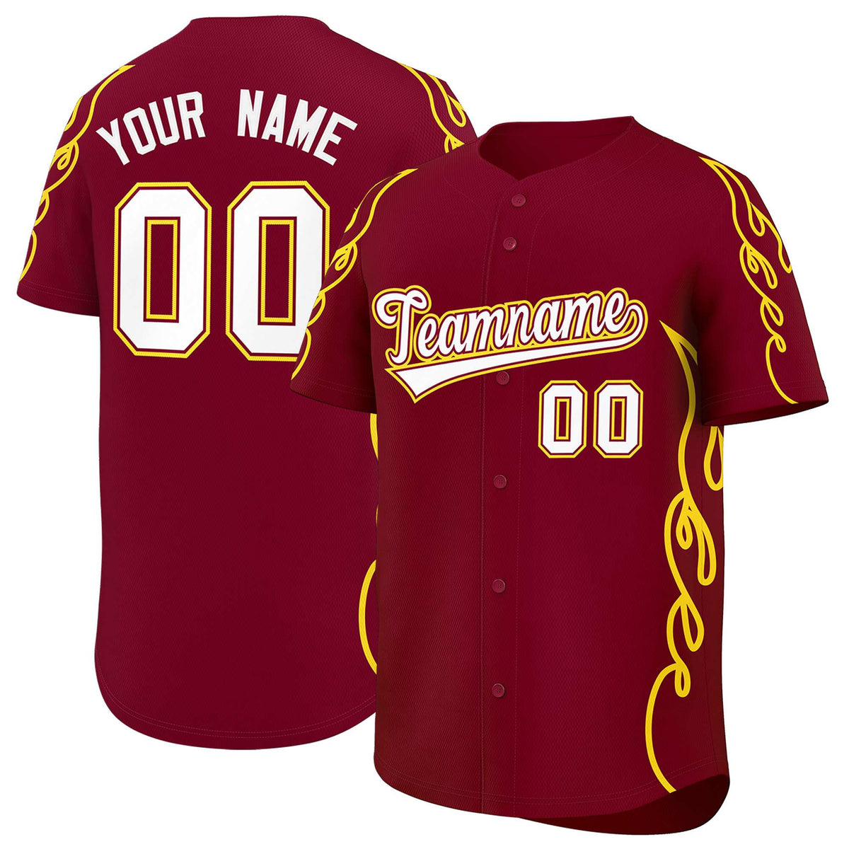 Custom Crimson Gold Side Flame Outline Pattern Sports Uniform Basetball Jersey