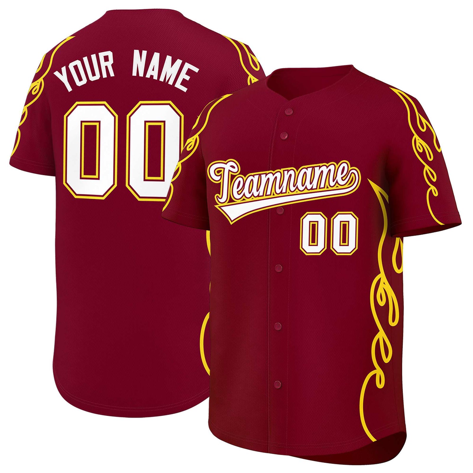 Custom Crimson Gold Side Flame Outline Pattern Sports Uniform Basetball Jersey