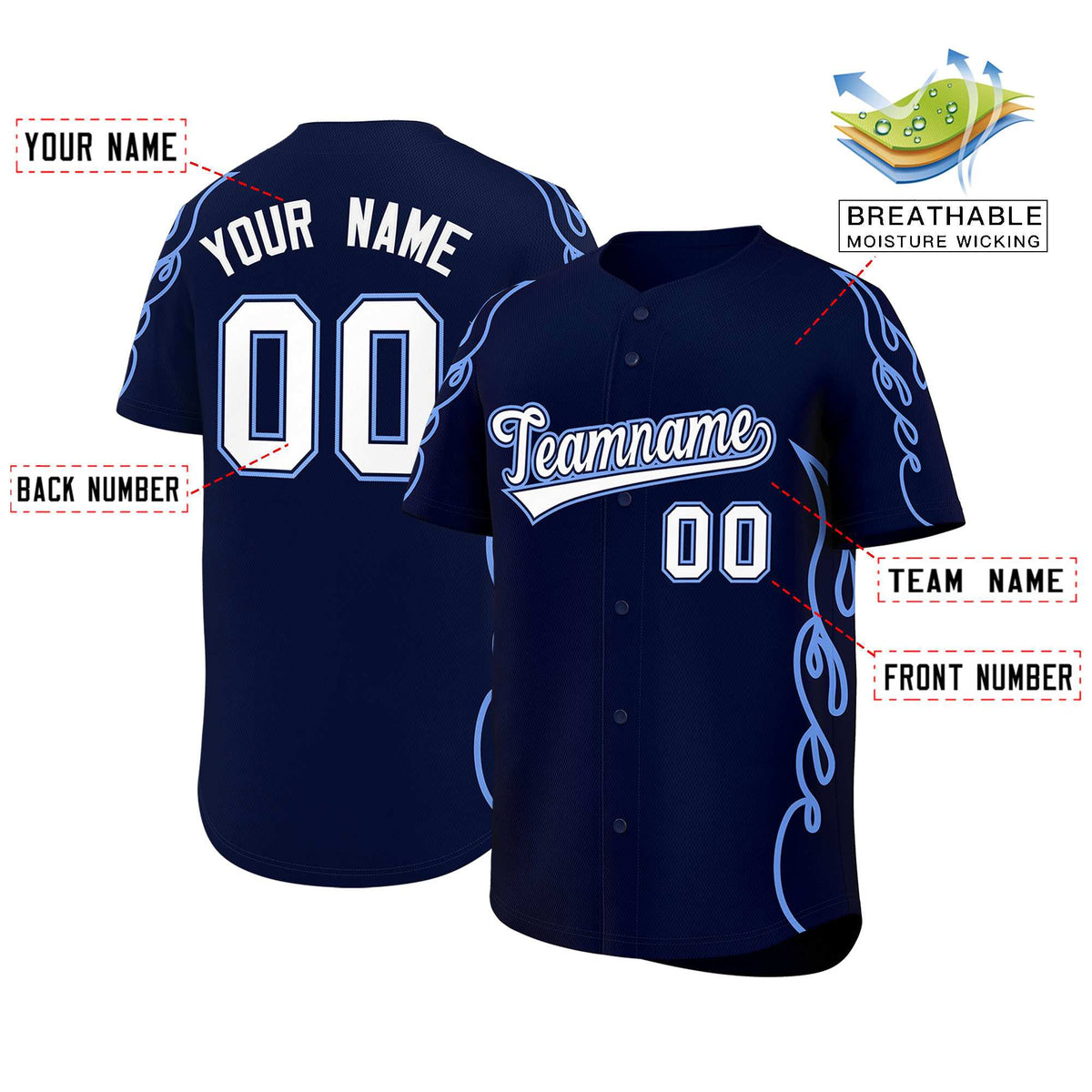 Custom Navy Light Blue Side Flame Outline Pattern Sports Uniform Basetball Jersey