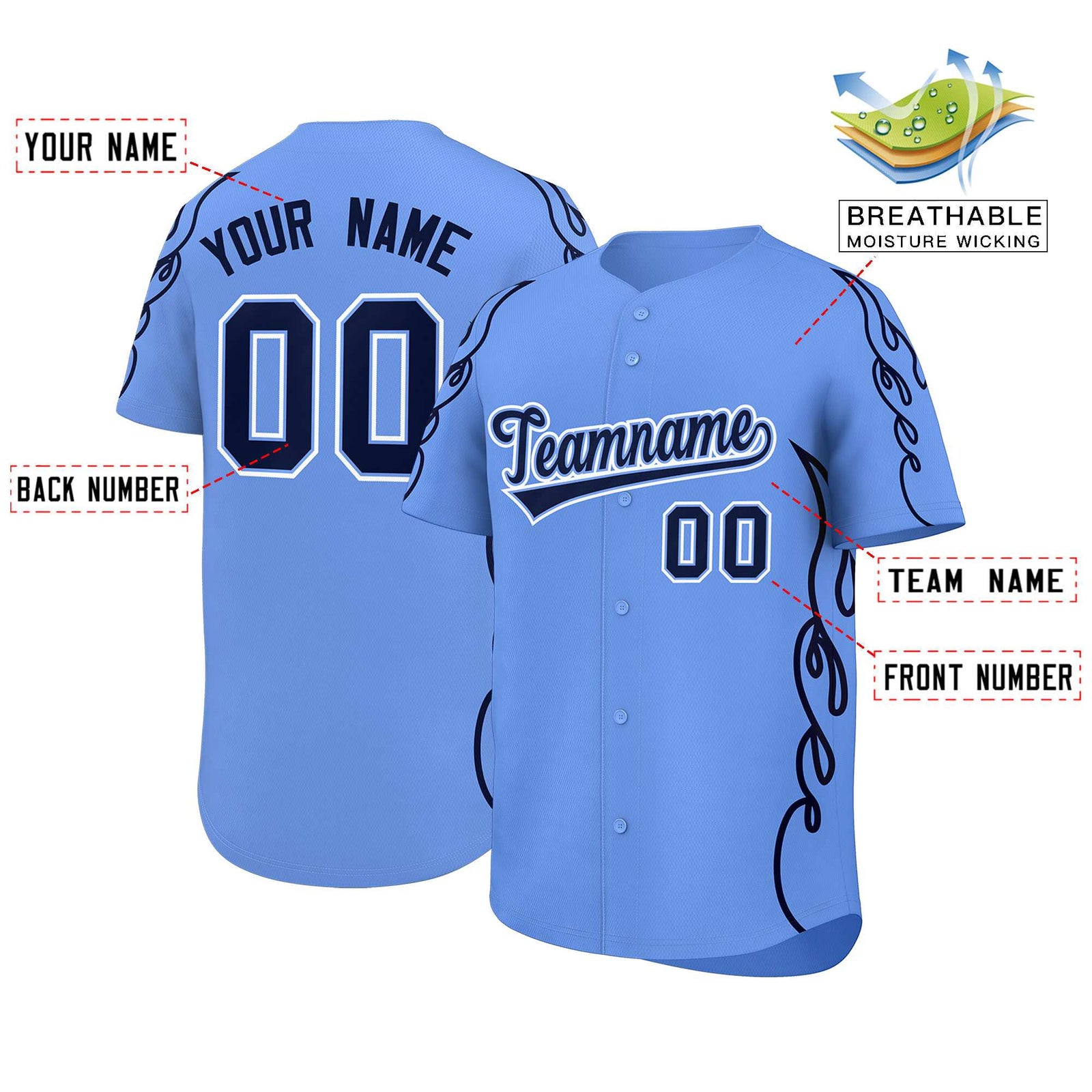 Custom Light Blue Navy Side Flame Outline Pattern Sports Uniform Basetball Jersey