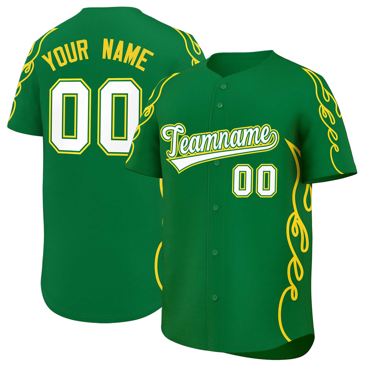 Custom Kelly Green Gold Side Flame Outline Pattern Sports Uniform Basetball Jersey