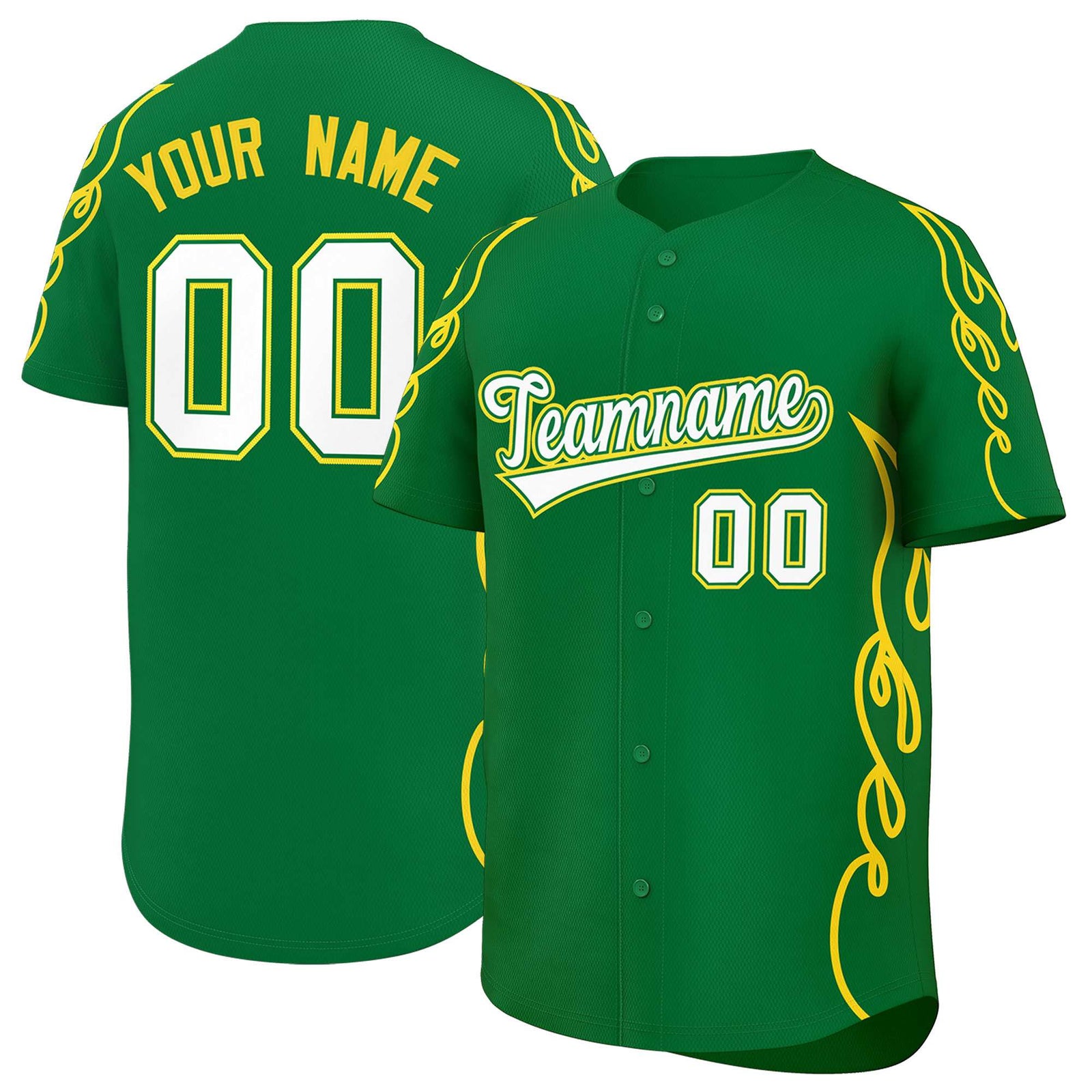 Custom Kelly Green Gold Side Flame Outline Pattern Sports Uniform Basetball Jersey